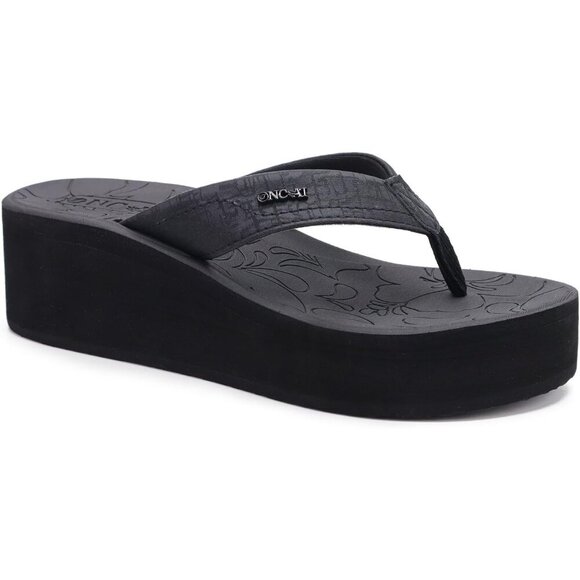 🆕  Black Vegan Leather Platform Flip Flops Dressy Summer Sandals Arch Support - Picture 1 of 7